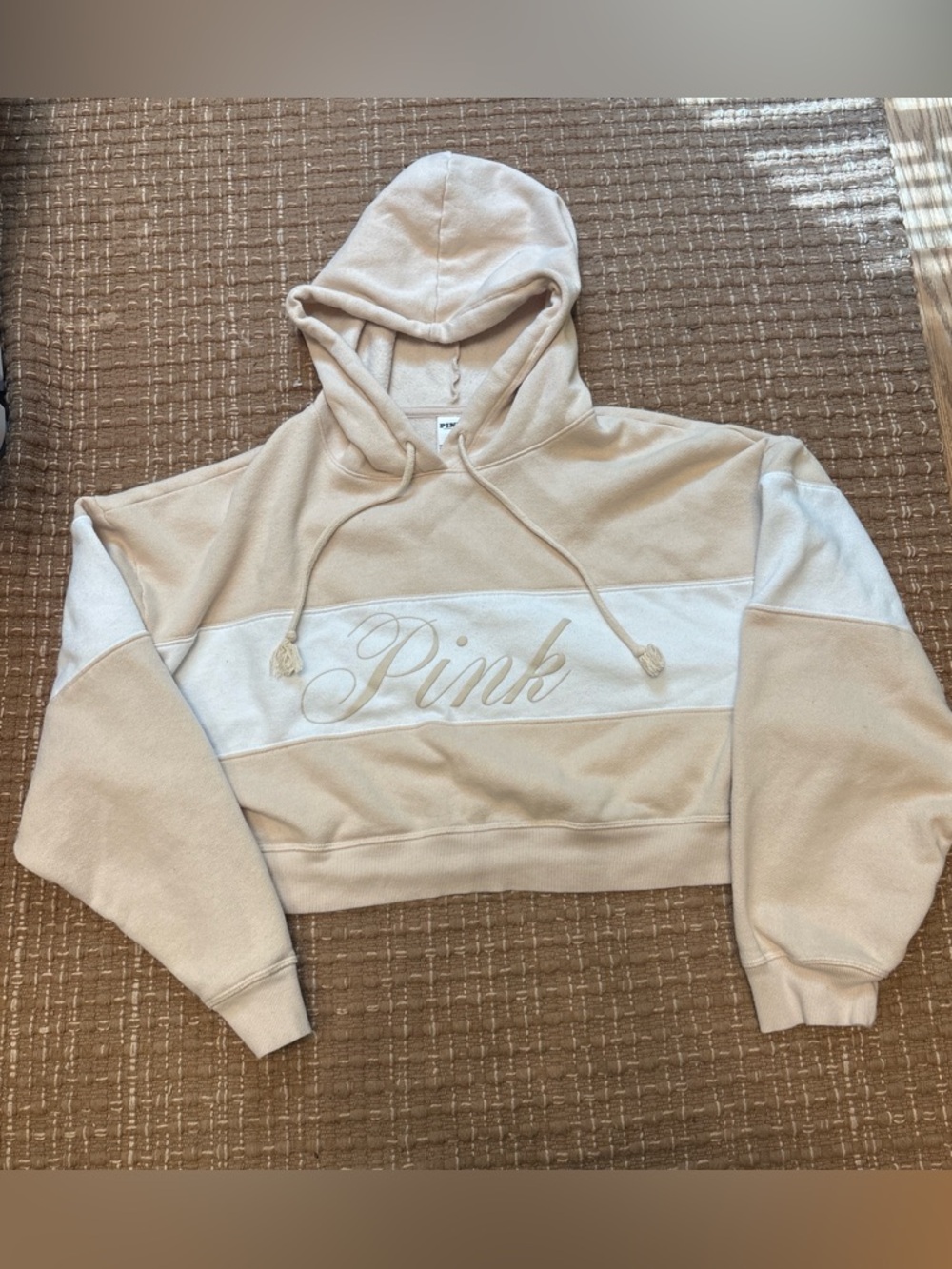 PINK Victoria's Secret Cropped Contrast Panel Hoodie in Cream